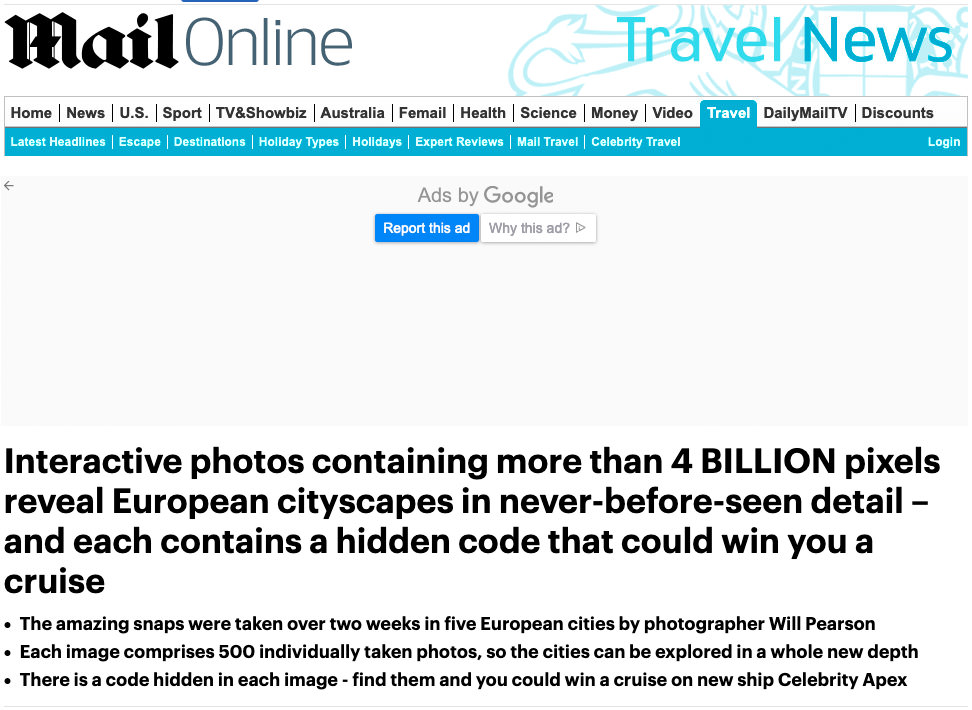 Gigapixel treasure hunt: screenshot of media coverage