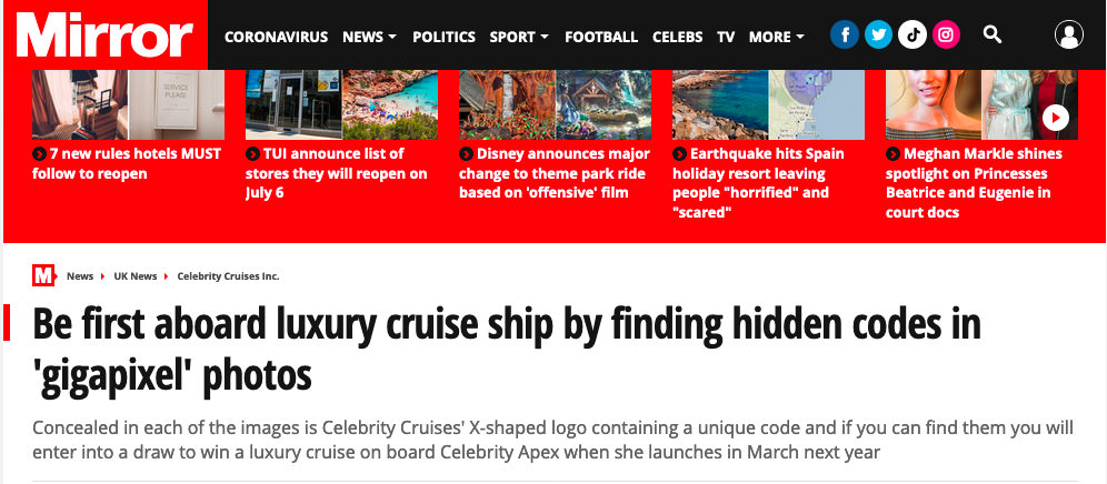 Gigapixel treasure hunt: screenshot of media coverage
