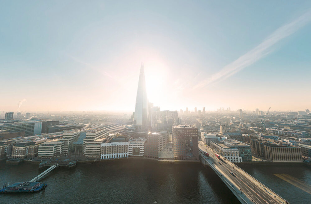 Virtual Production: London Bridge image with sunset behind the the Shard