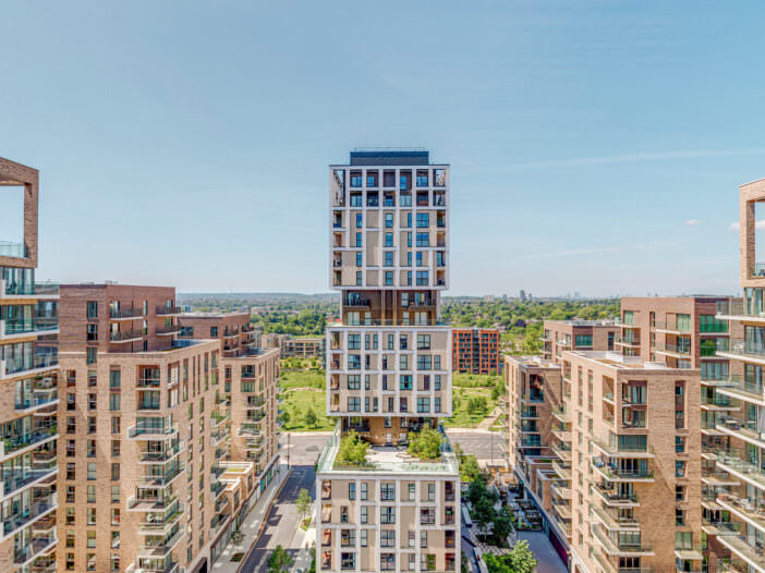 Kidbrooke Village Virtual tour - still image taken from a drone 360 showing the buildings and skyline views at KV
