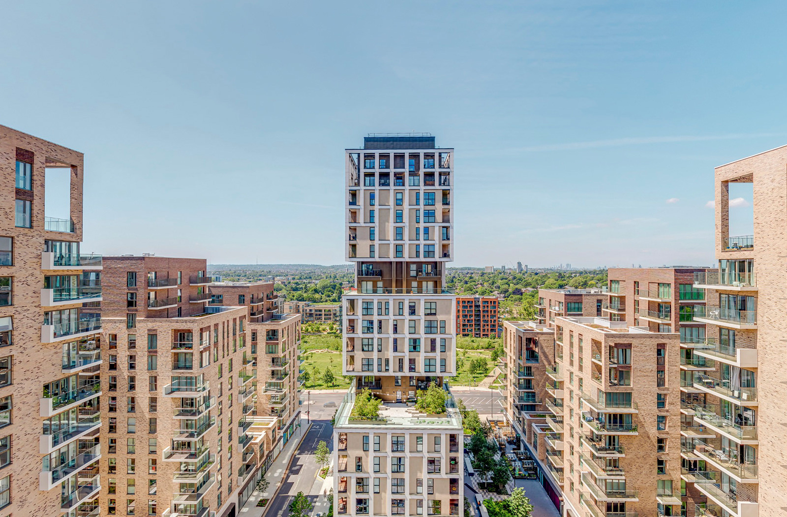 Kidbrooke Village Virtual tour - still image taken from a drone 360 showing the buildings and skyline views at KV