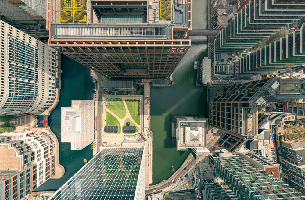 Wardian Photography - still from aerial 360 above the Wardian, Canary Wharf