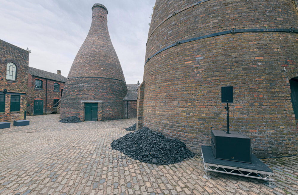 Crop from a 360 image showing the exterior of the kiln at Gladstone Potteries for the Belstaff 100 years exhibition virtual tour.