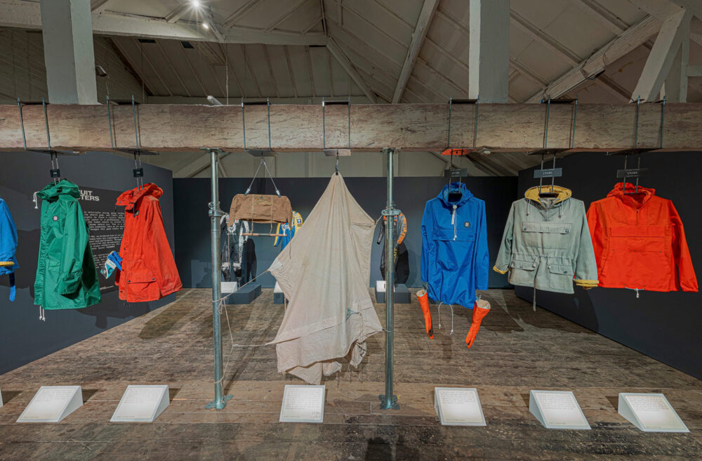 Crop from a 360 image showing some of the exhibits at the Belstaff 100 years exhibition virtual tour. This image shows some of the Gore-tex mountaineering gear and tents that Belstaff have made.