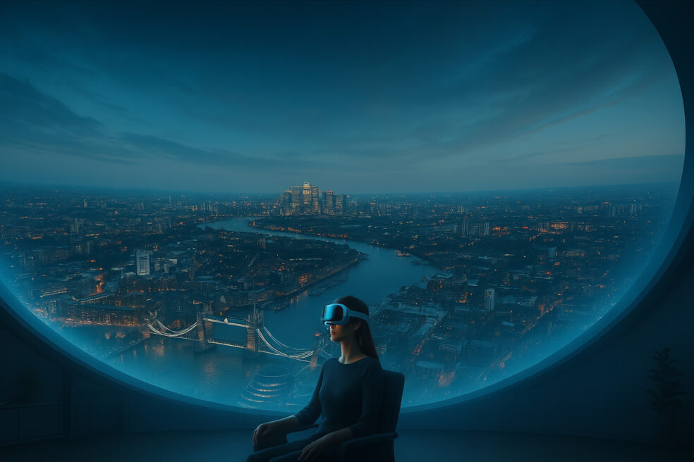 A woman wearing an Apple Vision Pro headset sits in a sleek modern chair inside a spacious, dimly lit room, immersed in a large curved screen projecting a dramatic dusk-time aerial view of London with the River Thames, Tower Bridge, and city skyline glowing in cool blue tones.
